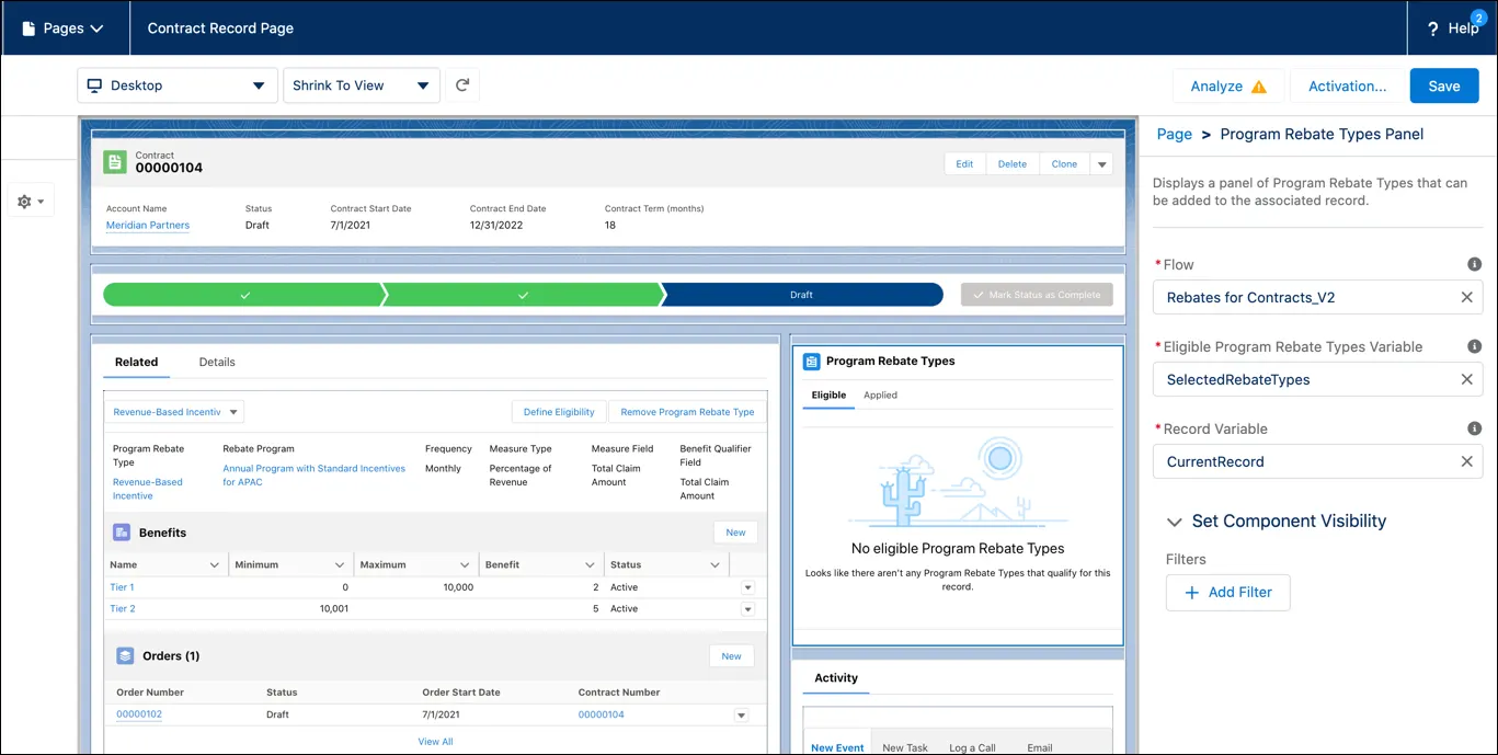 The two Lightning components for Rebate Types in the Lightning App Builder.