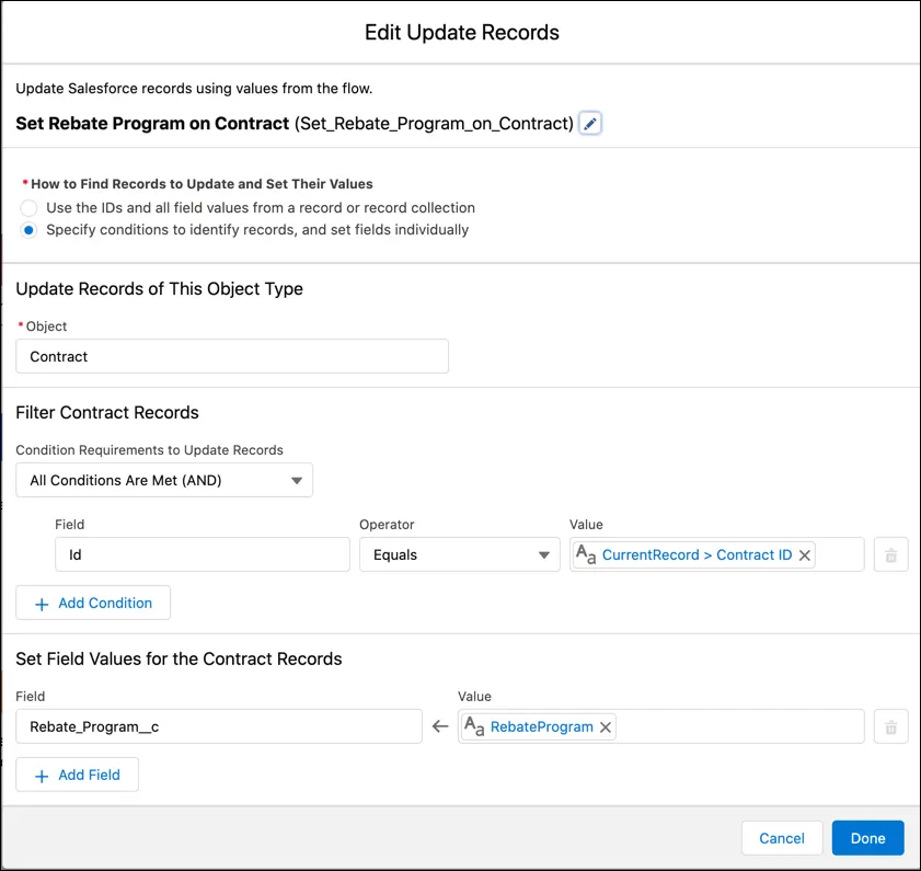 Create an Update record element to populate the rebate program on the target record.