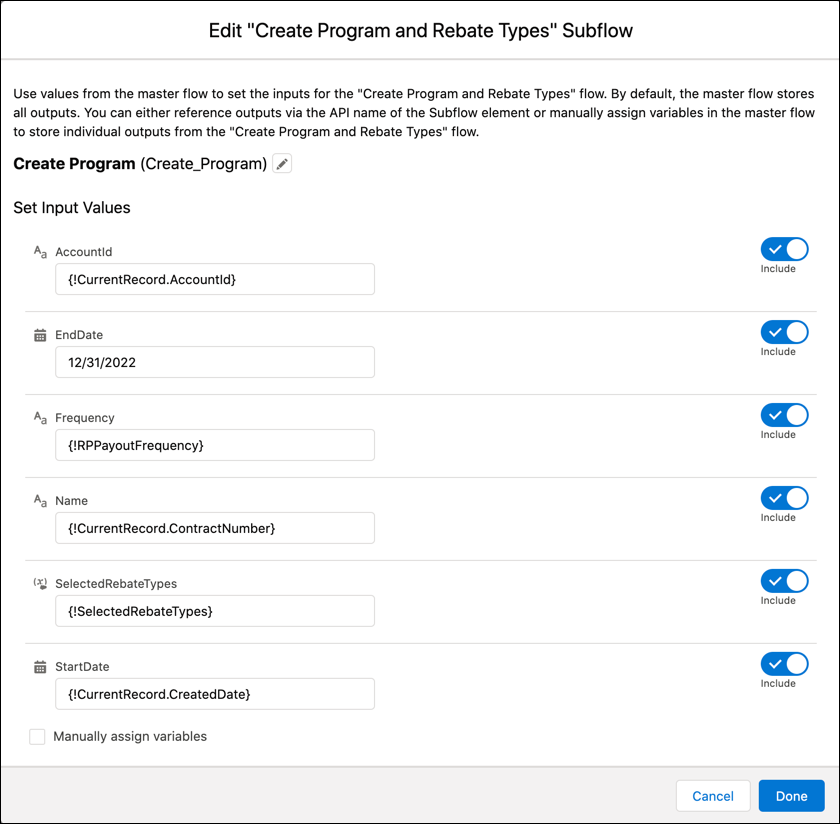 新しいリベートプログラムを作成し、選択したリベート種別をそれに追加するサブフローを追加します。
