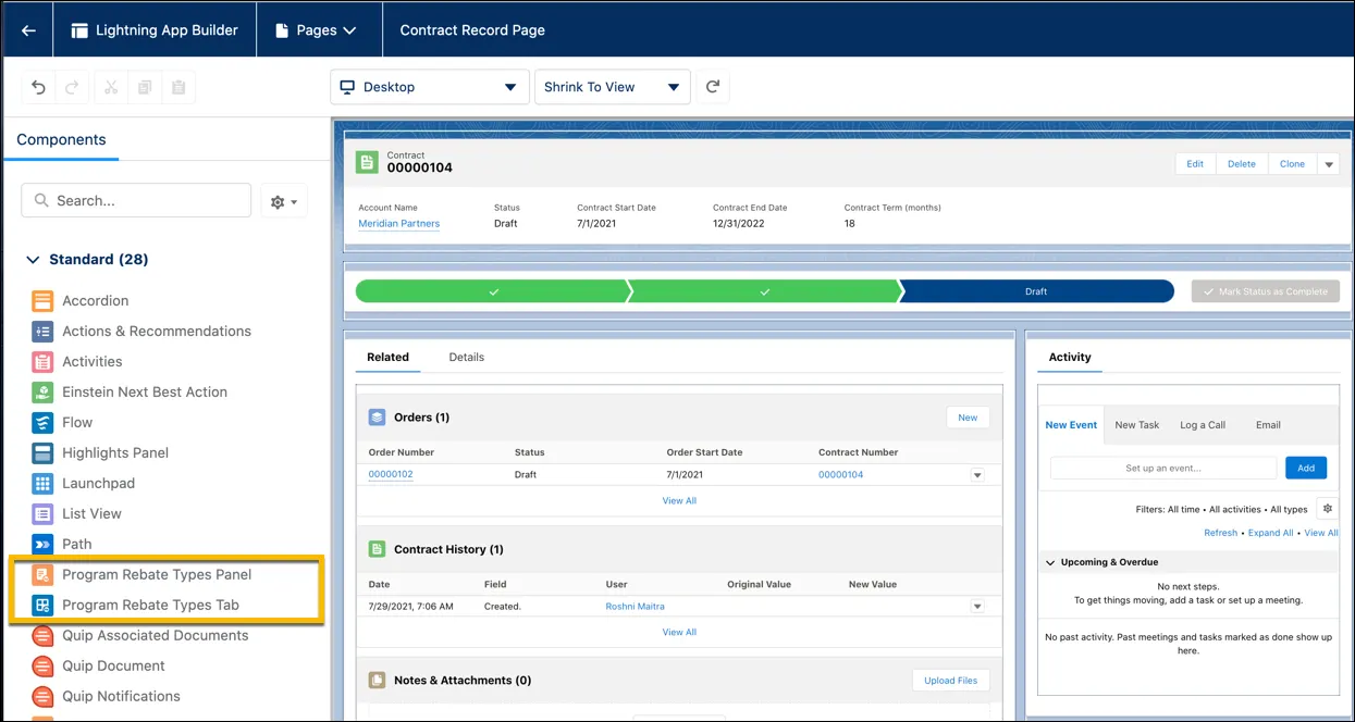 The Program Rebate Types panel and tab Lightning components available in the Lightning App Builder.