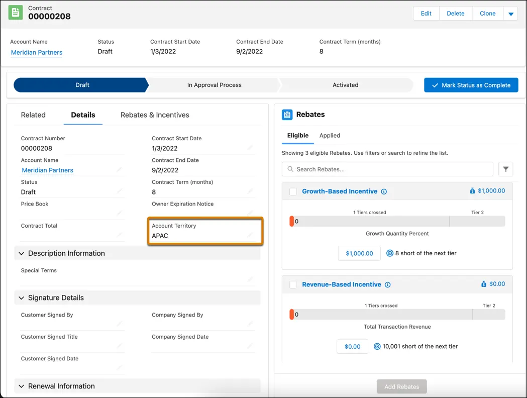 The Account Territory field on a Contract record is selected as APAC, and that drives the list of rebate types on the Eligible tab of the Program Rebate Types Panel.