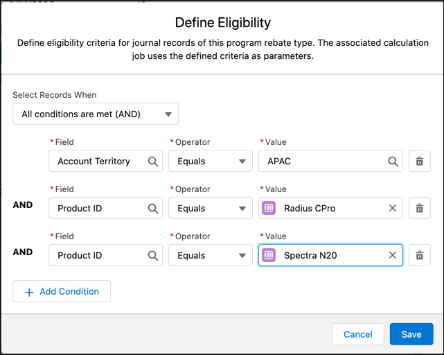 The eligibility criteria of a rebate type is modified to add conditions for product filters.