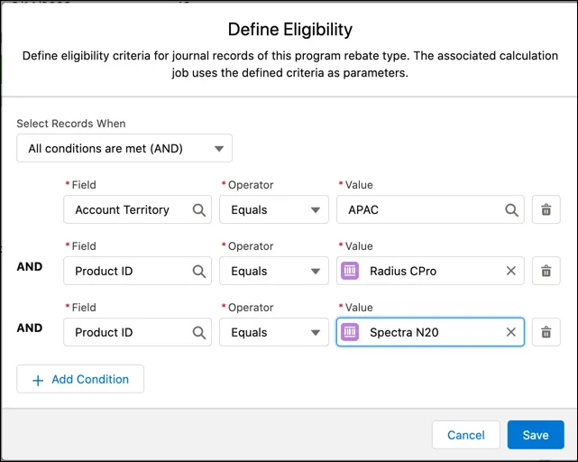 The eligibility criteria of a rebate type is modified to add conditions for product filters.