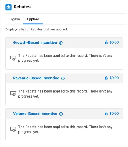 Select items from the list of rebate types on the Eligible tab of the Program Rebate Types Panel, and add them to a contract.