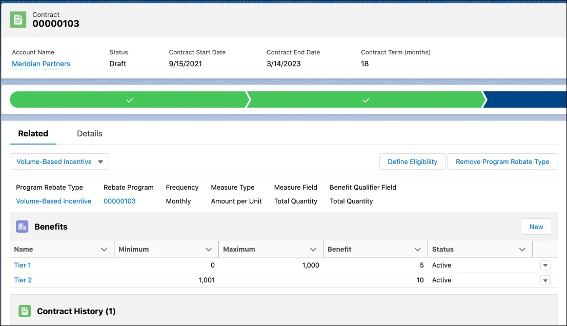 The Program Rebate Types related tab on a contract record displays the list of associated rebates, benefit tiers, and eligibility criteria.