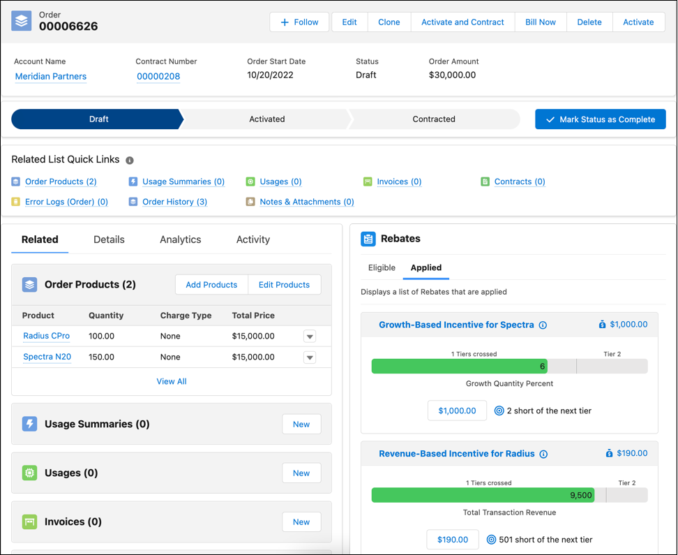 The Program Rebate Types panel on the Order page layout.