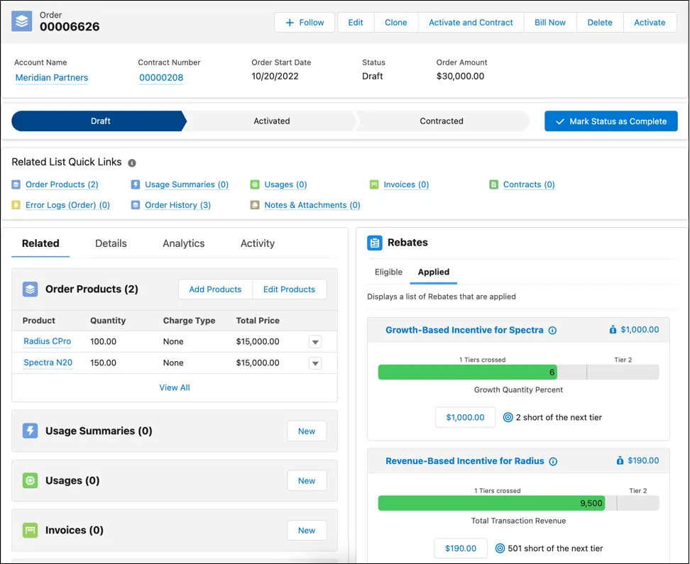 The Program Rebate Types panel on the Order page layout.