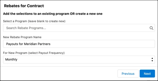 A screen flow page requesting the user to make selections when they add rebate types to a contract.