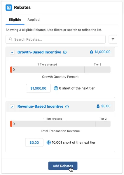 Select items from the list of rebate types on the Eligible tab of the Program Rebate Types Panel, and add them to a contract.