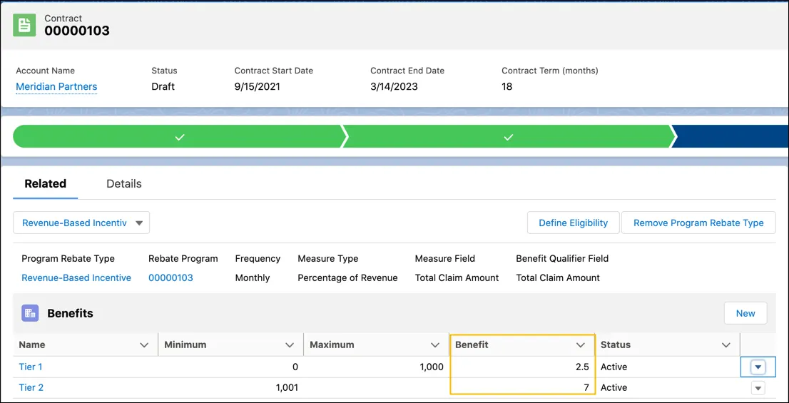 The Program Rebate Types related tab on a contract record displays the updated benefit values.