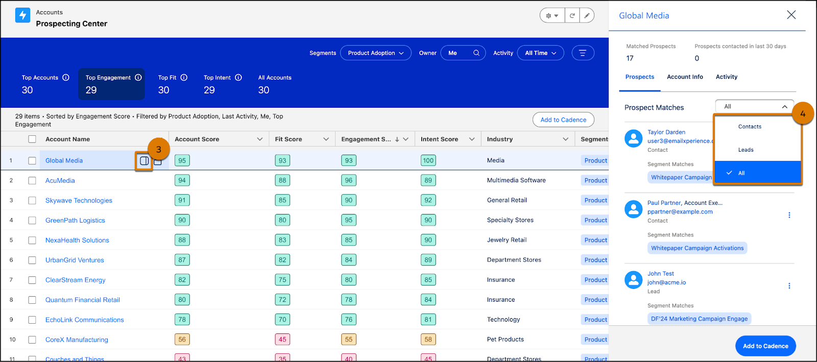 The Prospecting Center screen showing the side panel and options to add leads and contacts to cadences, access account information, and review activities.