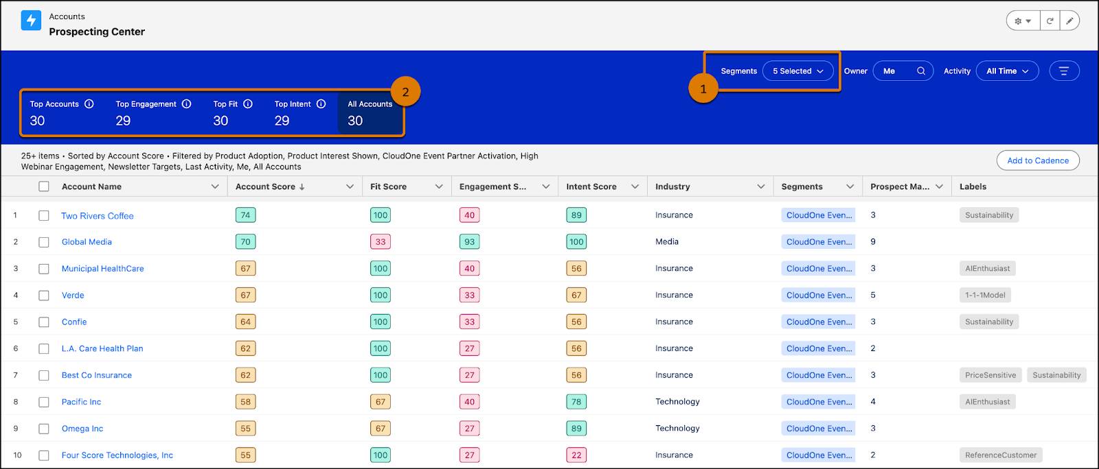 The Prospecting Center screen showing different options to filter data.