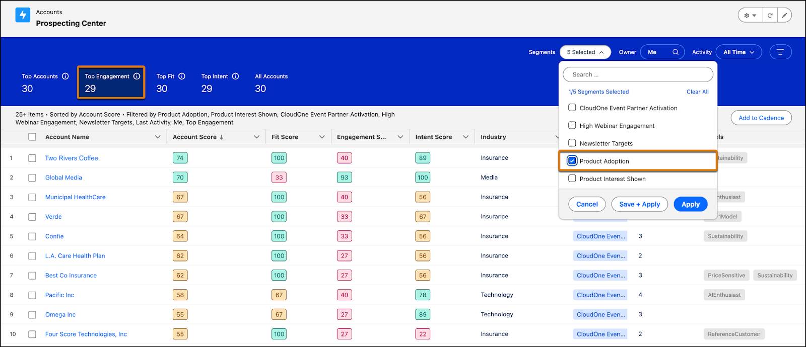 The Prospecting Center screen showing filtering data through engagement scores and segments.
