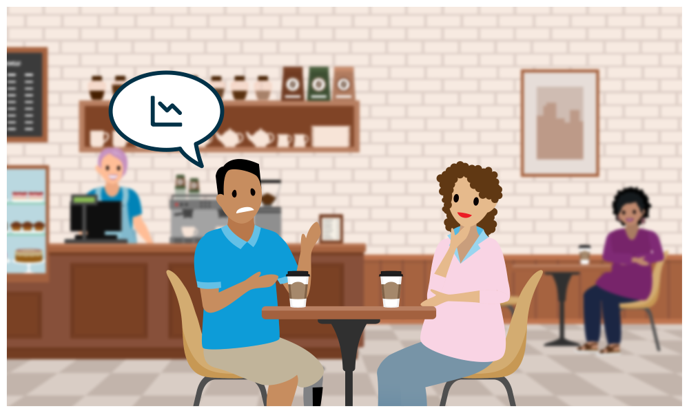 A man and a woman in a coffee shop. The man is expressing frustration.