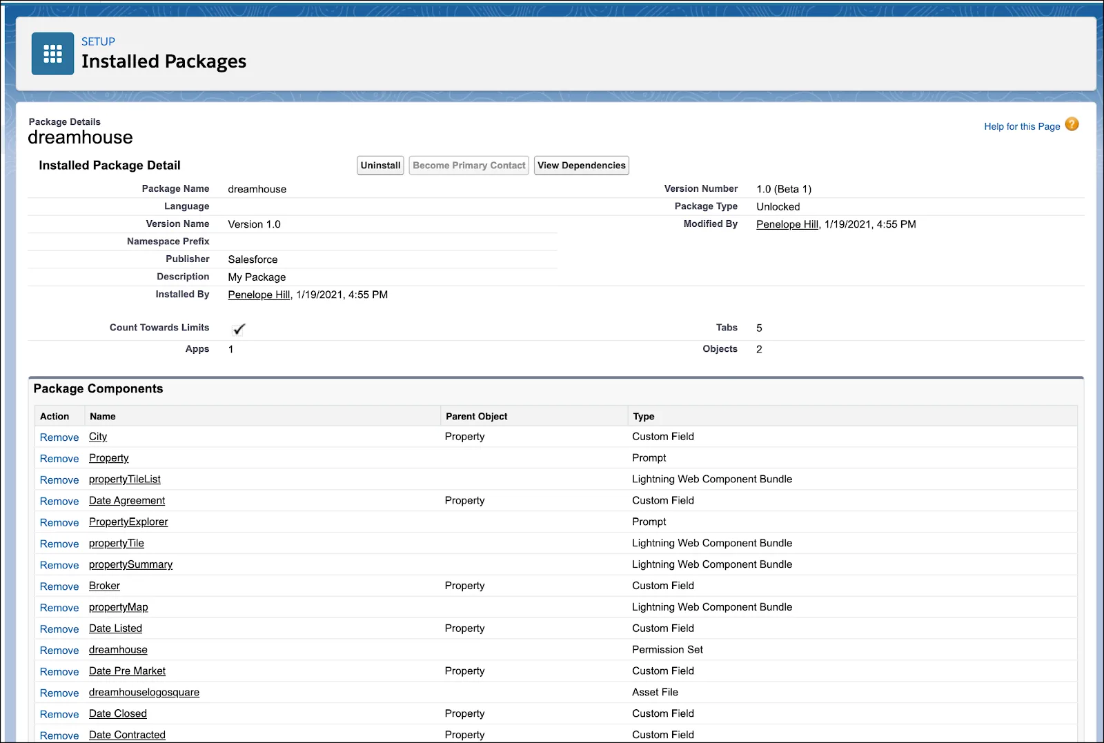 dreamhouse の [View Components (コンポーネントを表示)] をクリックすると、すべてのパッケージコンポーネントのリストが表示されます。