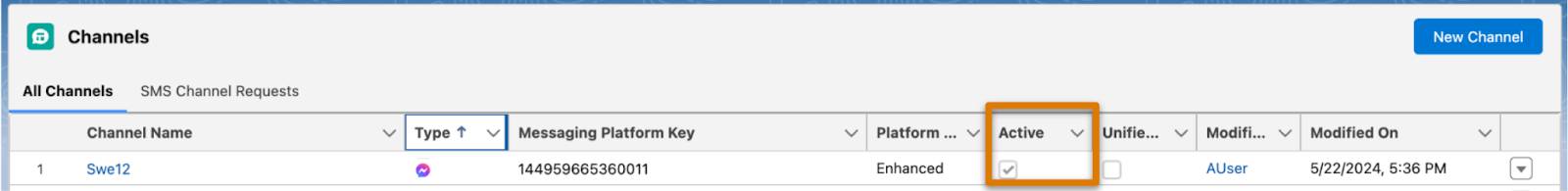 Channel in list with Active selected.