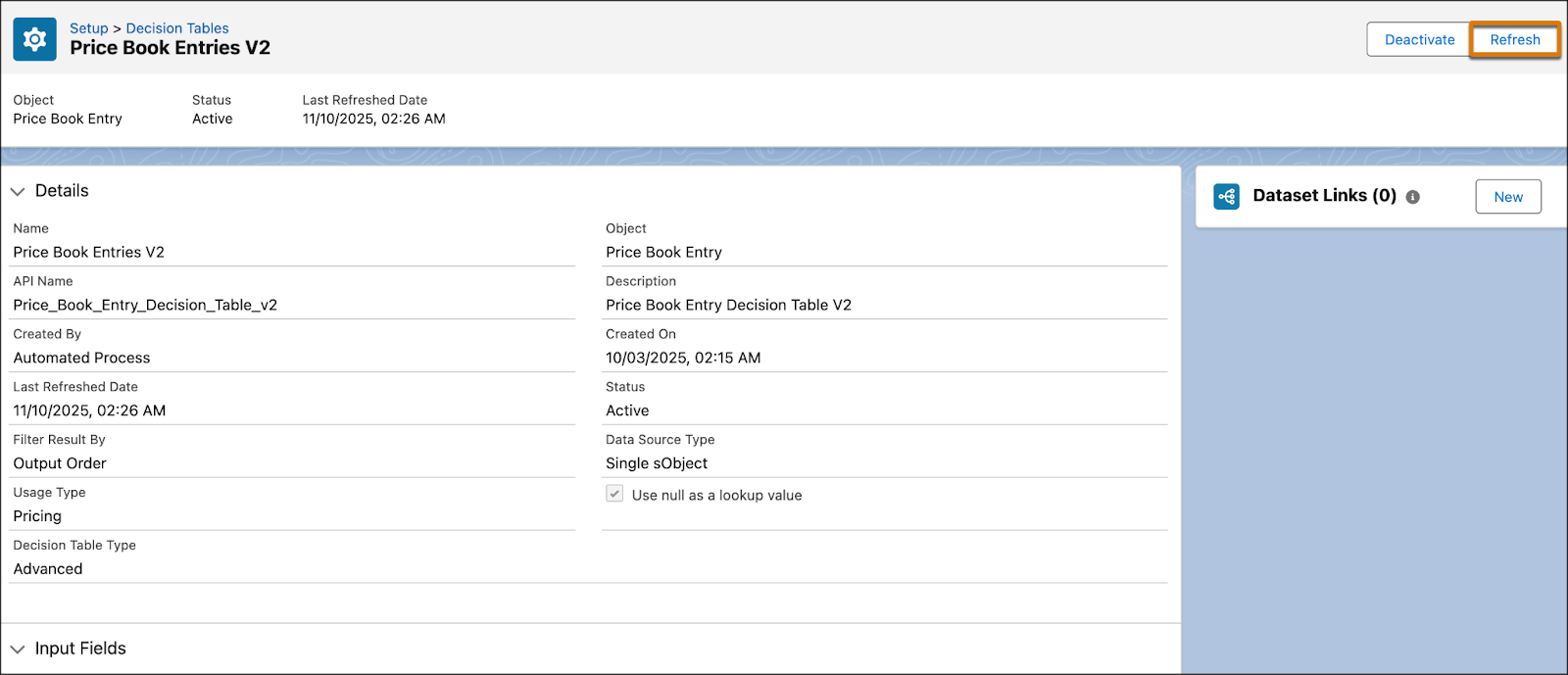 The Refresh button on the Price Book Entries V2 page.