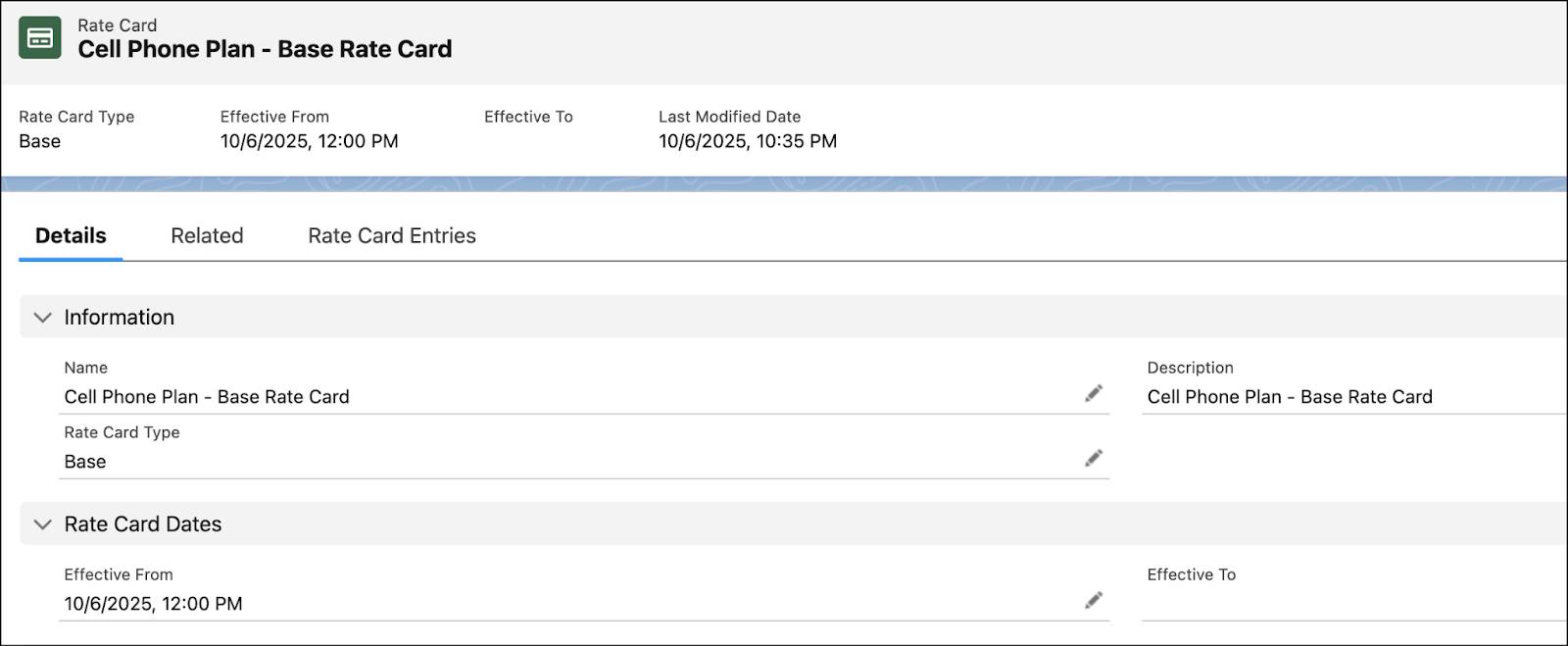The newly created Base Rate Card.