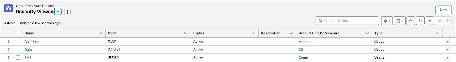 The Unit of Measure Classes with their Default Units of Measure.