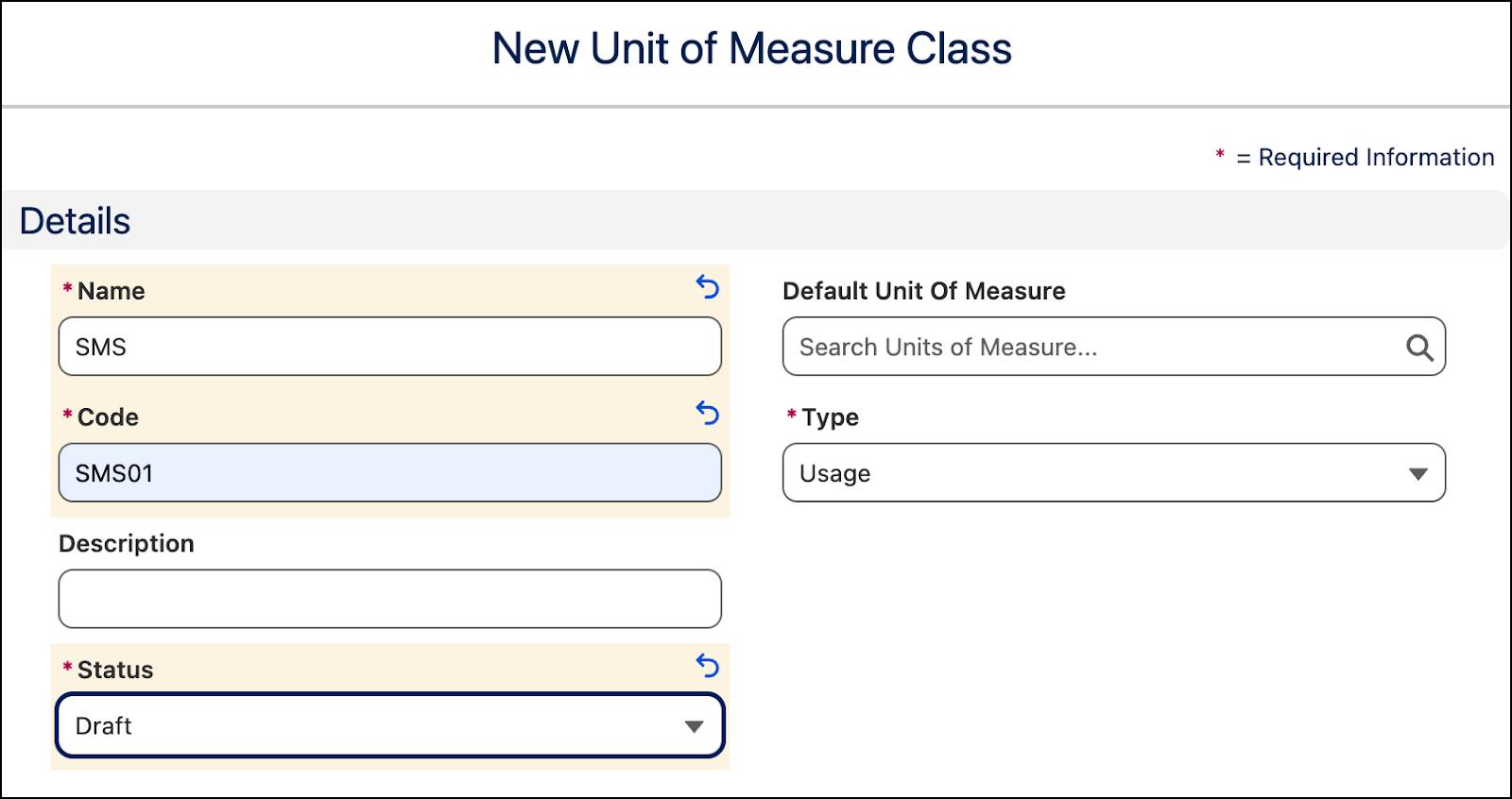 The New Unit of Measure Class page.