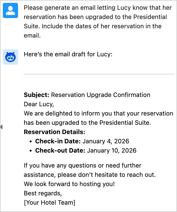 An email generated by the agent confirming that Lucy Todd has been rebooked into the Presidential Suite.