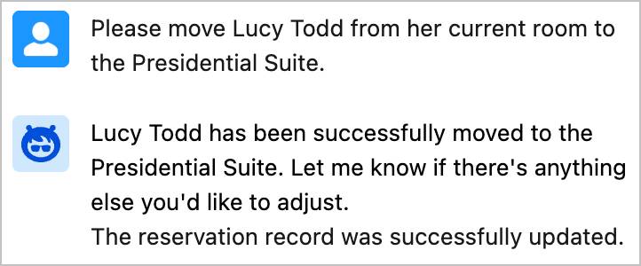 The Agentforce panel conversation showing the request and response about moving Lucy Todd to the Presidential Suite for the remainder of her stay.