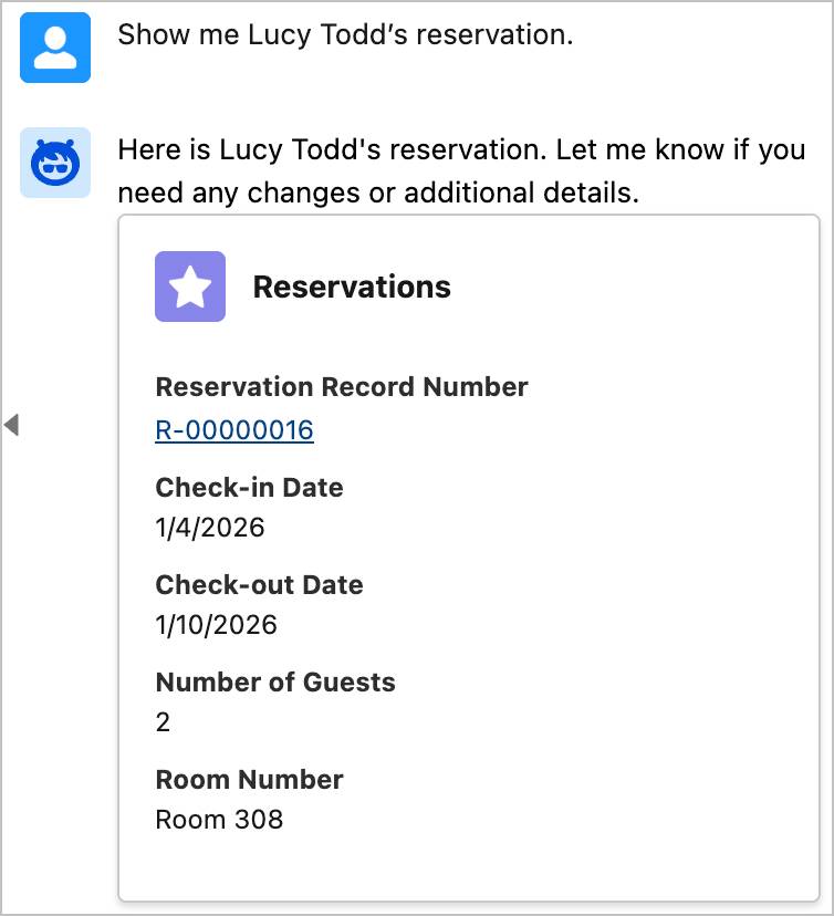 Reservation record for Lucy Todd in the Guest Agent Agentforce panel.