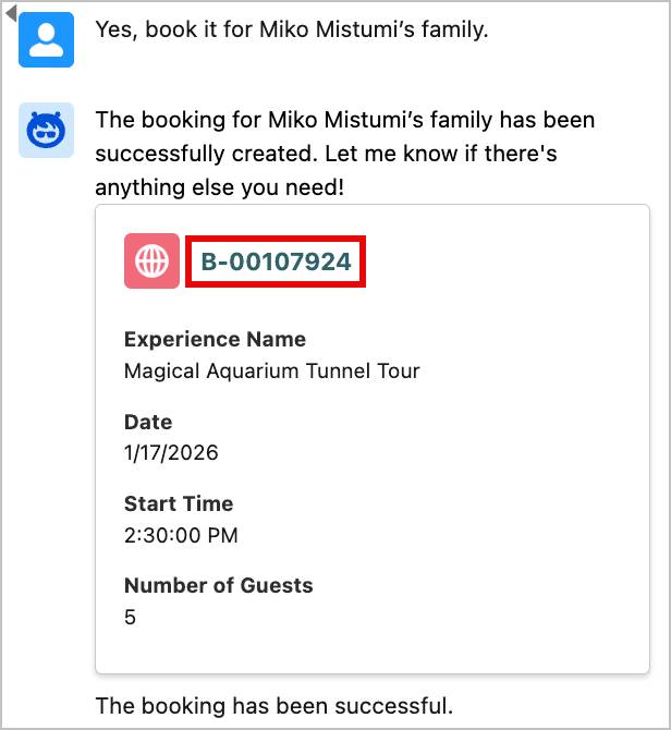 The agent’s booking confirmation showing Miko Mistumi’s family booking for the Magical Aquarium Tunnel Tour tomorrow at 2:30 PM.