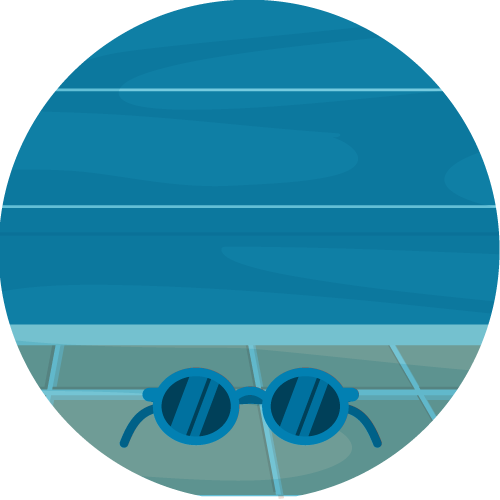 A pair of sunglasses resting on the bottom of a swimming pool.