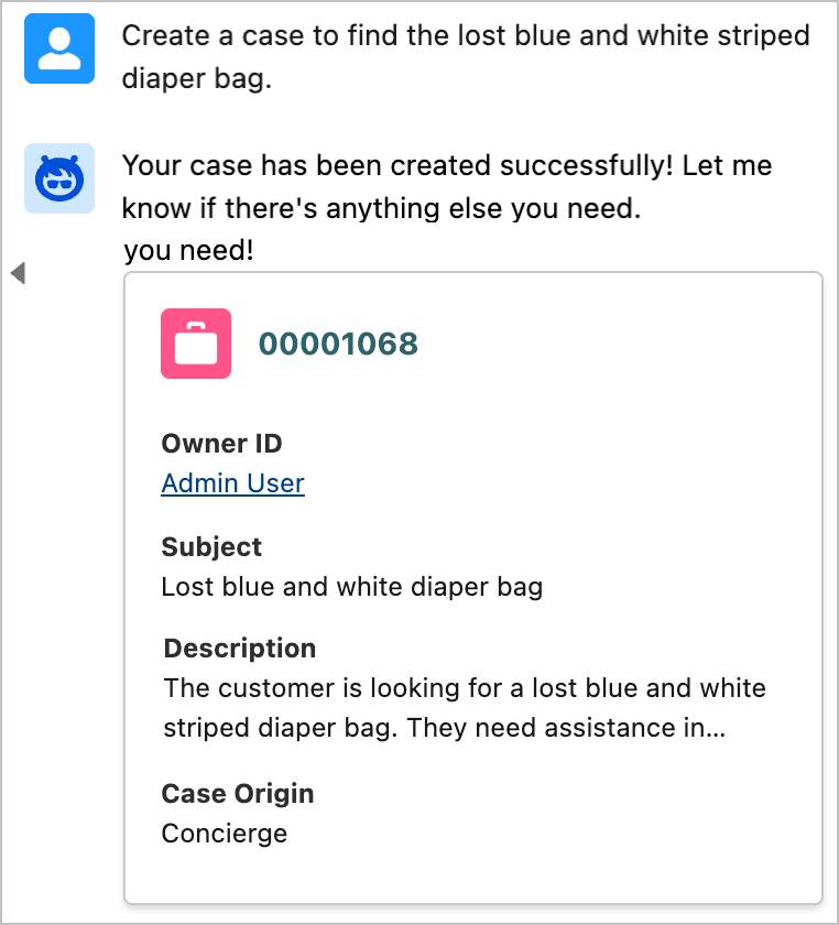 The conversation with the agent about creating a case to find the missing diaper bag.