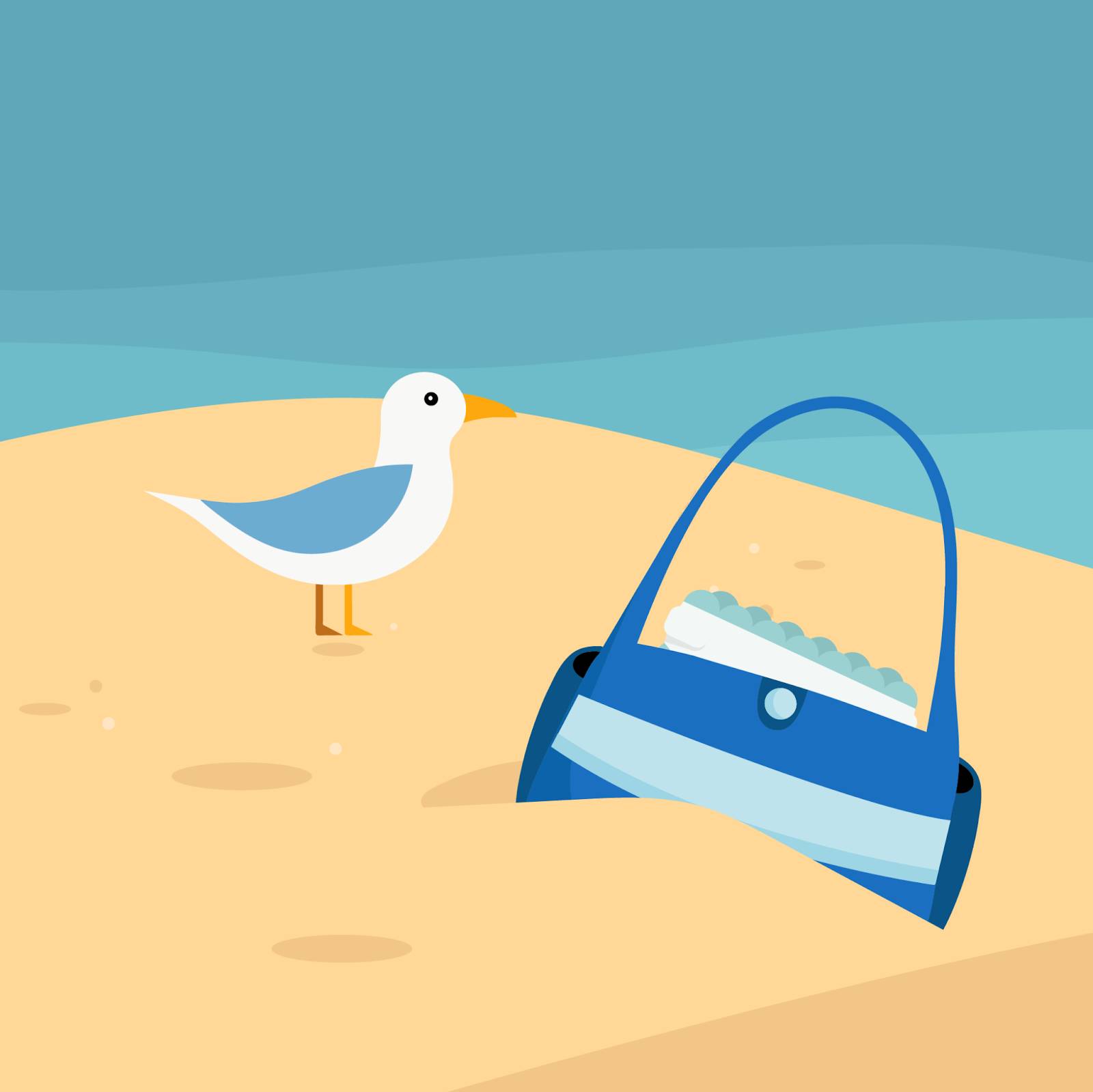 A photograph showing the blue and white striped diaper bag laying in the sand near a seagull.