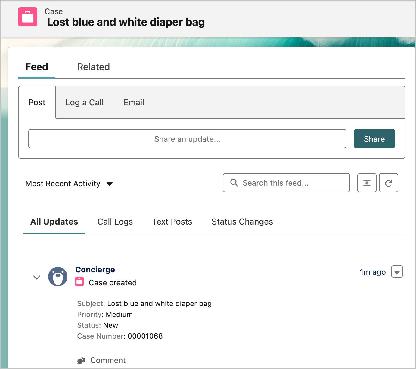 The Case Feed showing the new case you created to find the missing backpack.