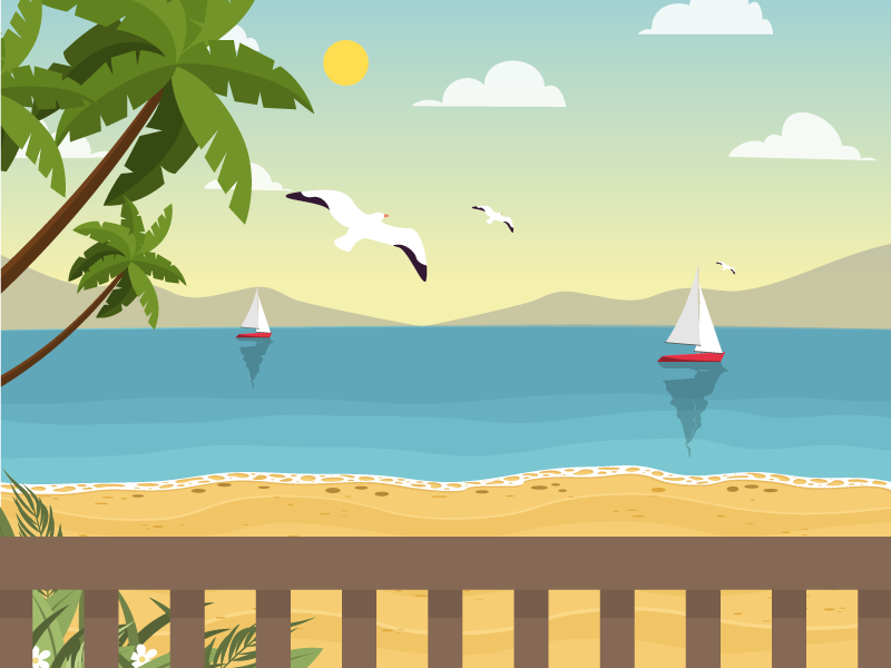 A view of the bay at sunrise from Coral Cloud Resorts with sailboats and seagulls on the water.