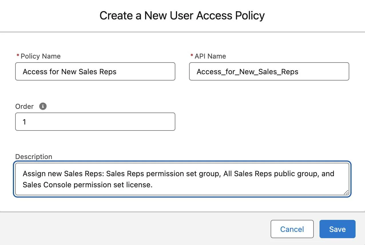 Setup screen for creating a new user access policy.