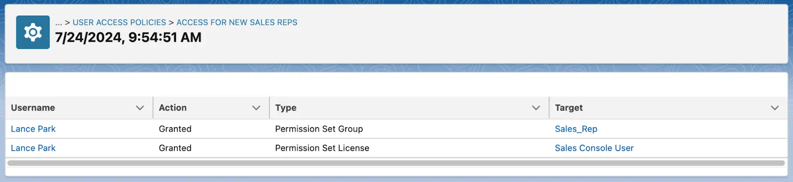 Detail of an applied user access policy, depicting that the policy was applied to Lance Park.