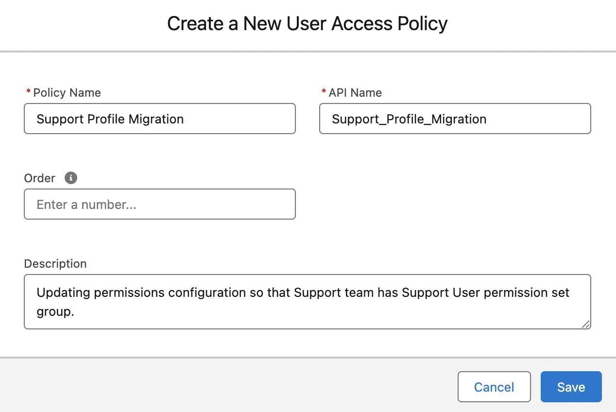 Setup screen for creating a new user access policy.