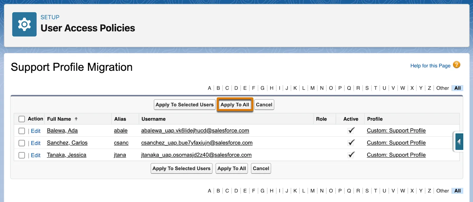 User access policy user application screen.