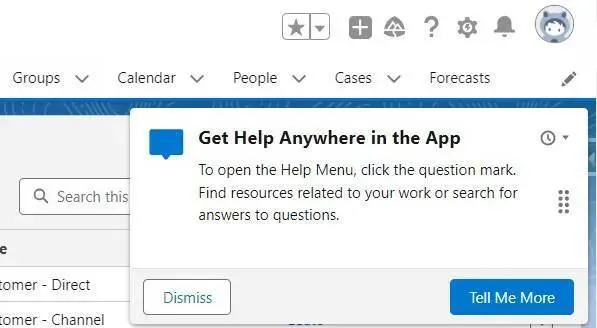 Solicitud flotante llamada Get Help Anywhere in the App (Obtener ayuda en cualquier sitio de la aplicación) con los botones Dismiss (Rechazar) y Tell Me More (Más información).