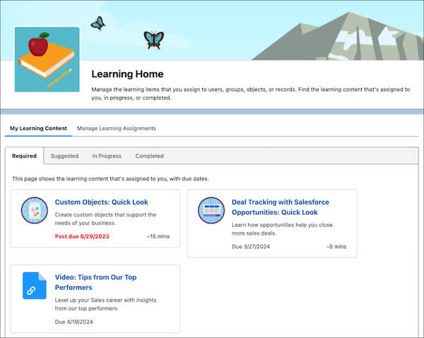 Learning Home, showing assigned learning items with due dates.