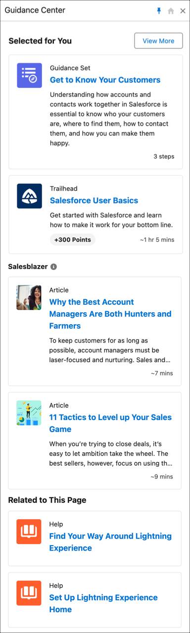 Example Guidance Center with resources from Salesforce and the company.