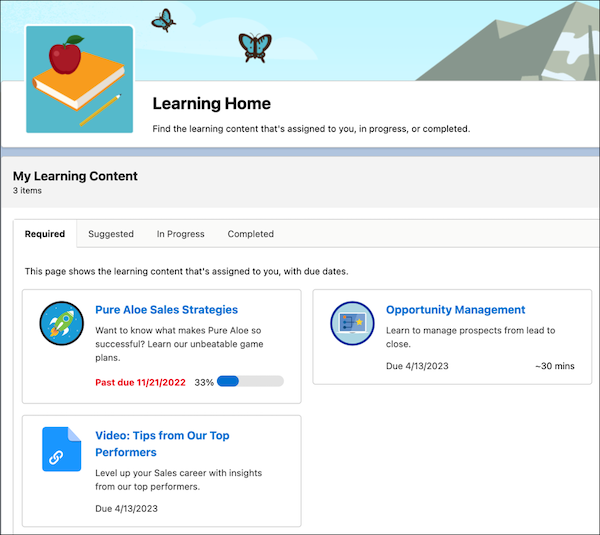 Seite 'Learning Home (Startseite für Lerninhalte)' mit zugewiesenen Lernobjekten mit Fälligkeitsdatum.