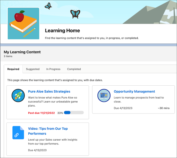 La página de inicio de aprendizaje con elementos de aprendizaje asignados y fechas de vencimiento.