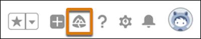 En-tête global affichant l’icône Guidance Center (Guide de configuration) située entre les icônes d’actions globales et Salesforce Help (Aide Salesforce).