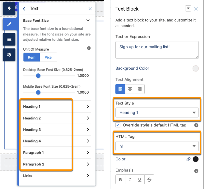 Text style labels in the Theme panel (left) and Text Block properties panel in Experience Builder