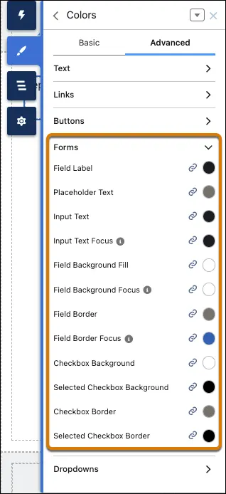Advanced tab on the Theme Colors panel showing the new color properties.