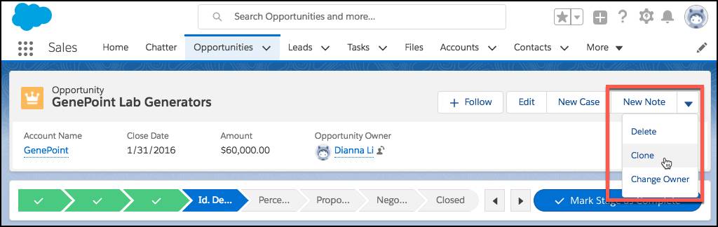 Startseite eines Opportunity-Datensatzes in Lightning Experience
