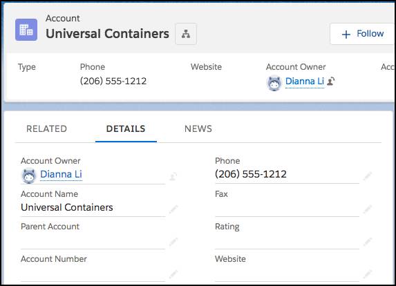 Detalles de registro Cuenta en Lightning Experience