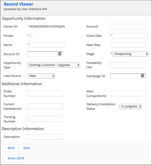 Créez un enregistrement Opportunité dans l'application-exemple Record Viewer.
