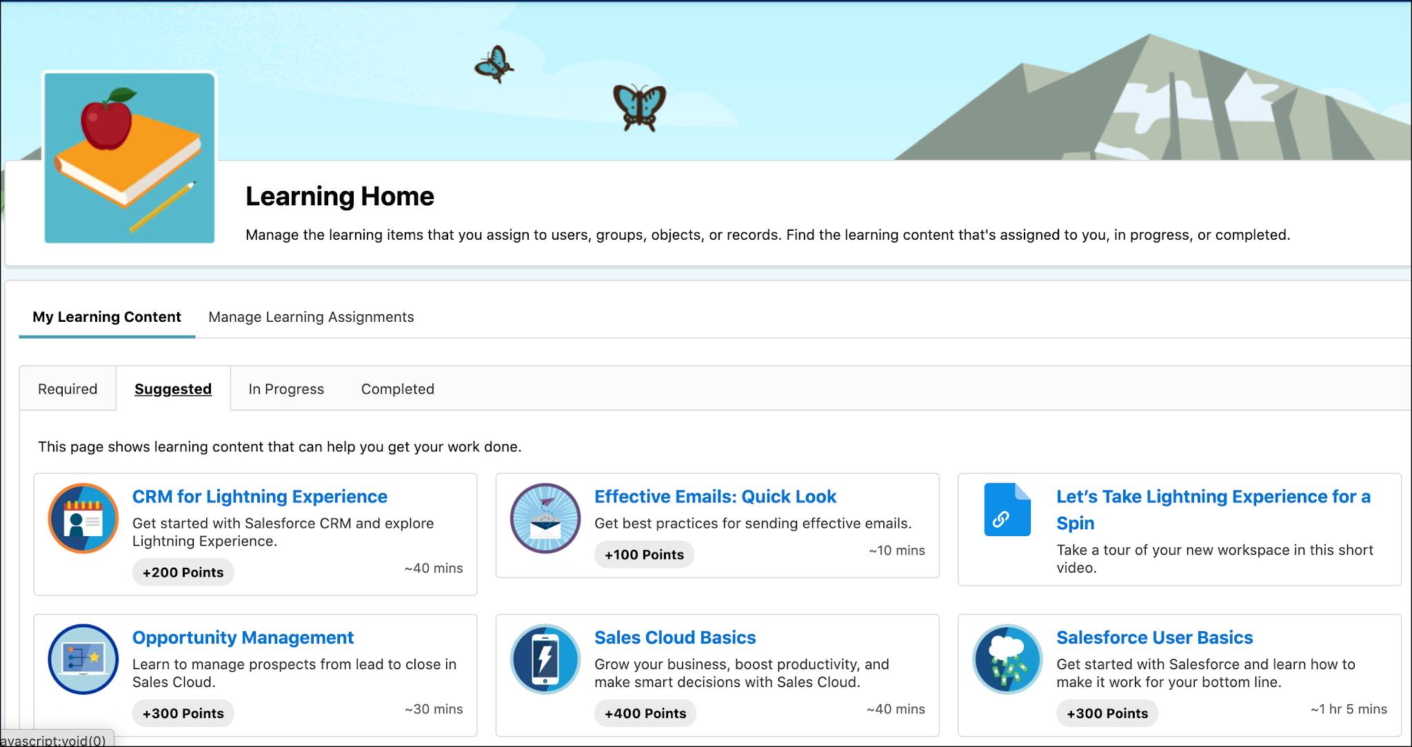 Learning Home with suggested learning resources.