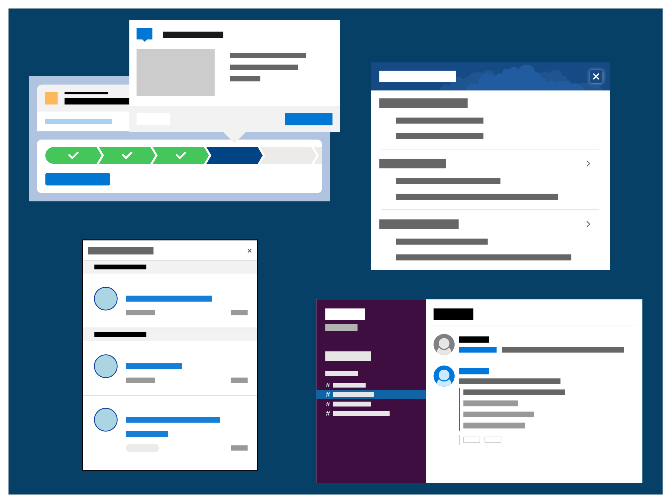 Designs de wireframe representando a colocação da aprendizagem dentro do fluxo de trabalho, que incluem Orientações no aplicativo, menu Ajuda, Caminhos de aprendizagem e Slack apps.